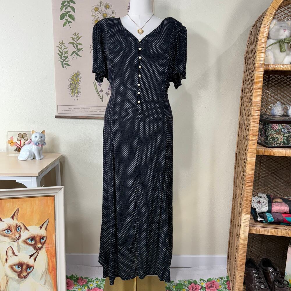 Vintage 90s Polka Dot Maxi Dress Dark Romantic Coquette Modest Femme Retro XL